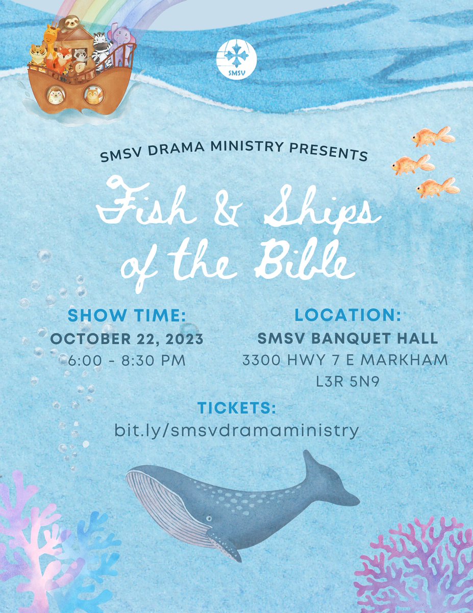 SMSV'S Drama Ministry presents "Fish &amp; Ships of the Bible!" A play that will be performed by our very own talented congregation members on Sunday, October 22 at 6pm! Everyone is welcome! For more information and for tickets, visit bit.my/smsvdramaminis…