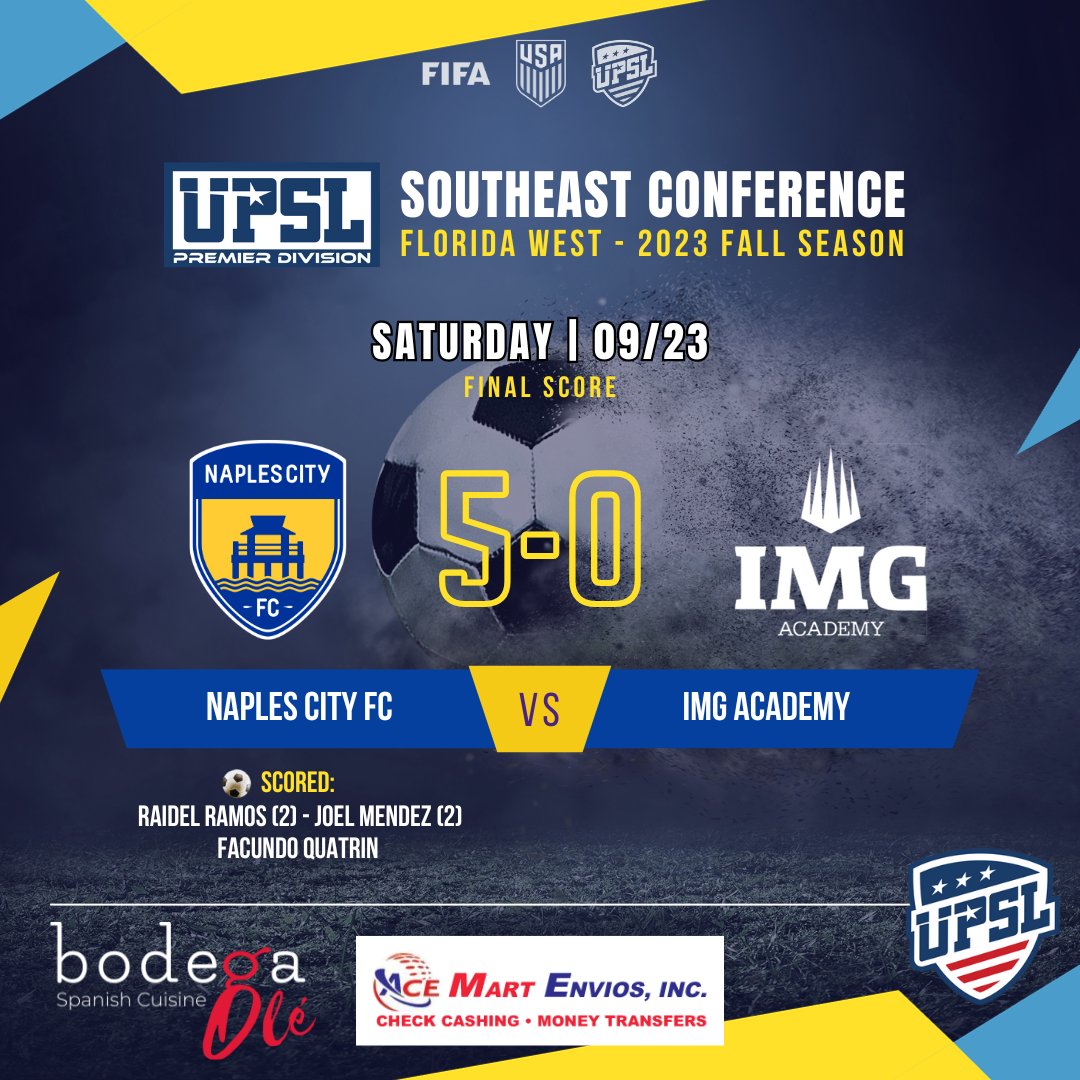 naplescityfc's tweet photo. UPSL Premier Division – Florida West
2023 Fall Season

📣Saturday 09/23 - Final Score:
@naplescityfc 5-0 @IMGAcademy

⚽SCORED:
Raidel Ramos (2) - Joel Mendez (2) - Facundo Quatrin

@UPSLsoccer

🔵⚪🟡 #naplescityfc #naplesflorida ⚽ #soccer #upslflorida #upslsoccer #wearethecity https://t.co/gUdfyGtNWz