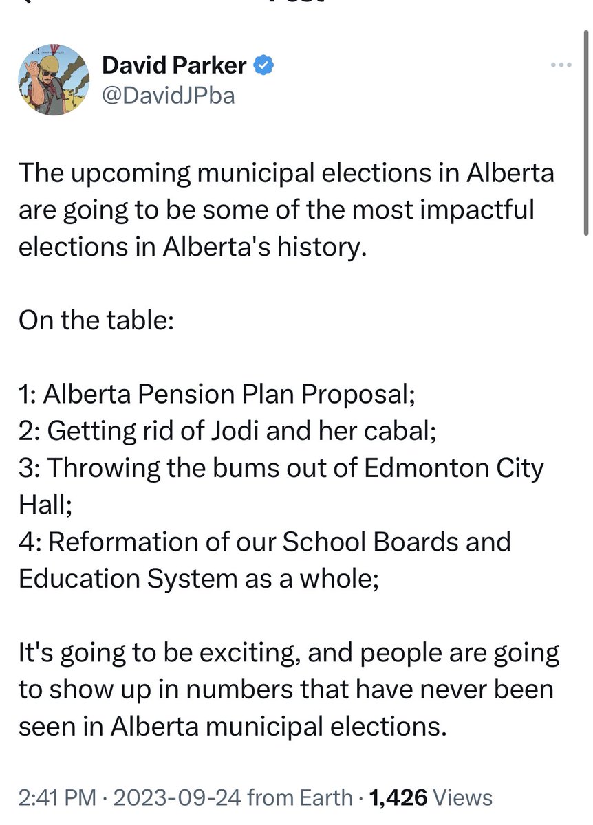 Notice how he disrespects Calgary’s mayor in two different ways here: using her first name and then deliberately misspelling/Anglicizing it. But he’s right: the next muni elections will be huge. Progressives better show up in numbers if they don’t want Parker calling the shots.