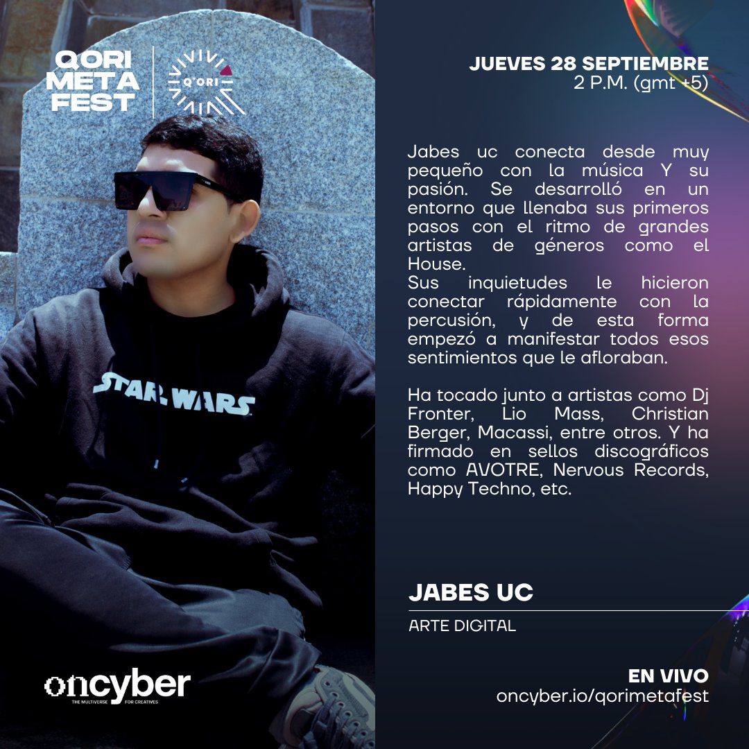 QoriProject's tweet photo. Conoce a @ArzenicJPC, #JUNGLEJACK y #Jabesuc, DJs que estarán en el Q’ORI Meta Fest. ¡Disfruta de sus sets este jueves en el metaverso!

📅 Jueves 28/09 2 p.m. (GMT +5)
📍 Metaverso Q'ORI @ @oncyber
🎡 Ingreso libre
🌐 Link de ingreso TBA https://t.co/B7BDPbDUfa