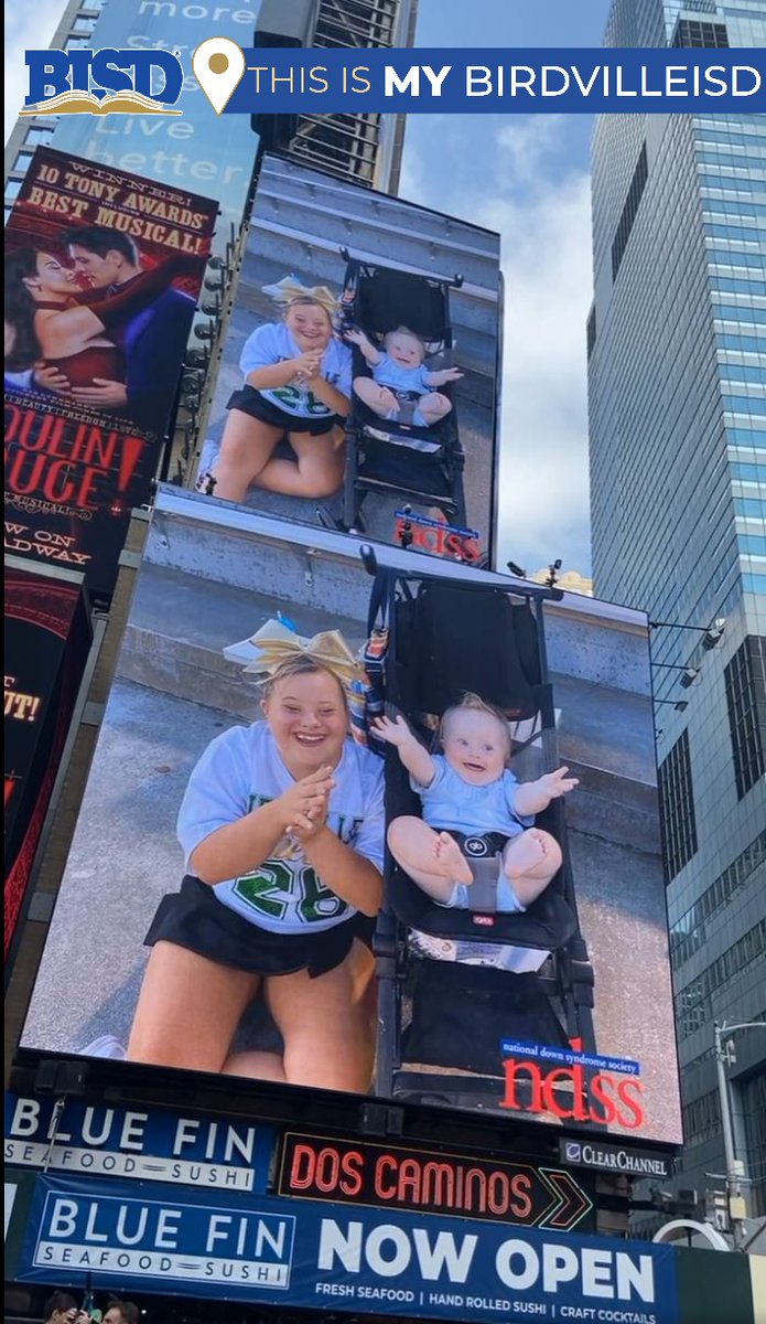 BirdvilleISD's tweet photo. Birdville High sophomore and JV cheerleader Addy Sweny is one of the children featured in a video by the National Down Syndrome Society currently featured in Times Square. #thisismybirdvilleisd Birdville High School https://t.co/5nMSNhHUaa