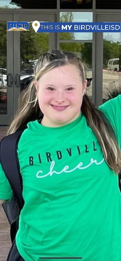 BirdvilleISD's tweet photo. Birdville High sophomore and JV cheerleader Addy Sweny is one of the children featured in a video by the National Down Syndrome Society currently featured in Times Square. #thisismybirdvilleisd Birdville High School https://t.co/5nMSNhHUaa