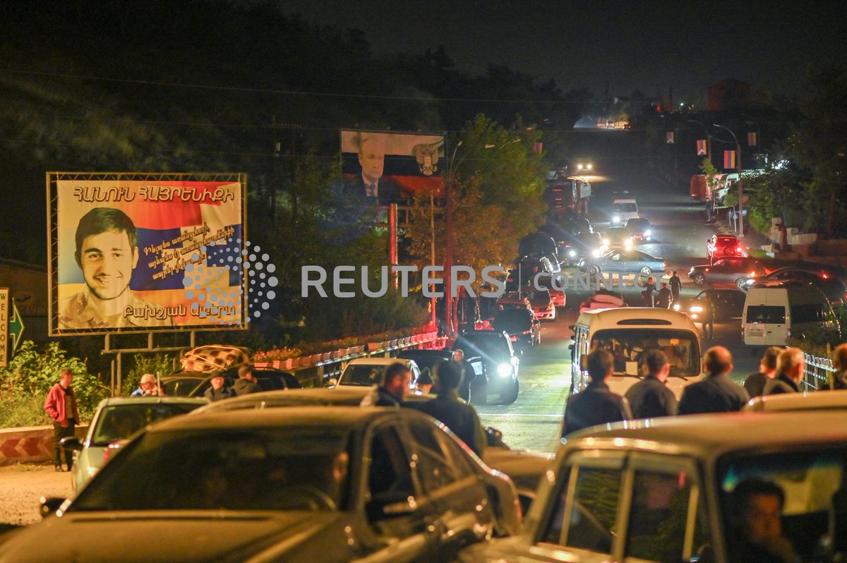 GuyFaul's tweet photo. Residents leave the city of Stepanakert following a military operation conducted by Azerbaijani armed forces in Nagorno-Karabakh, a region inhabited by ethnic Armenians, September 24, 2023.  REUTERS/David Ghahramanyan https://t.co/NxomnXlgyT
