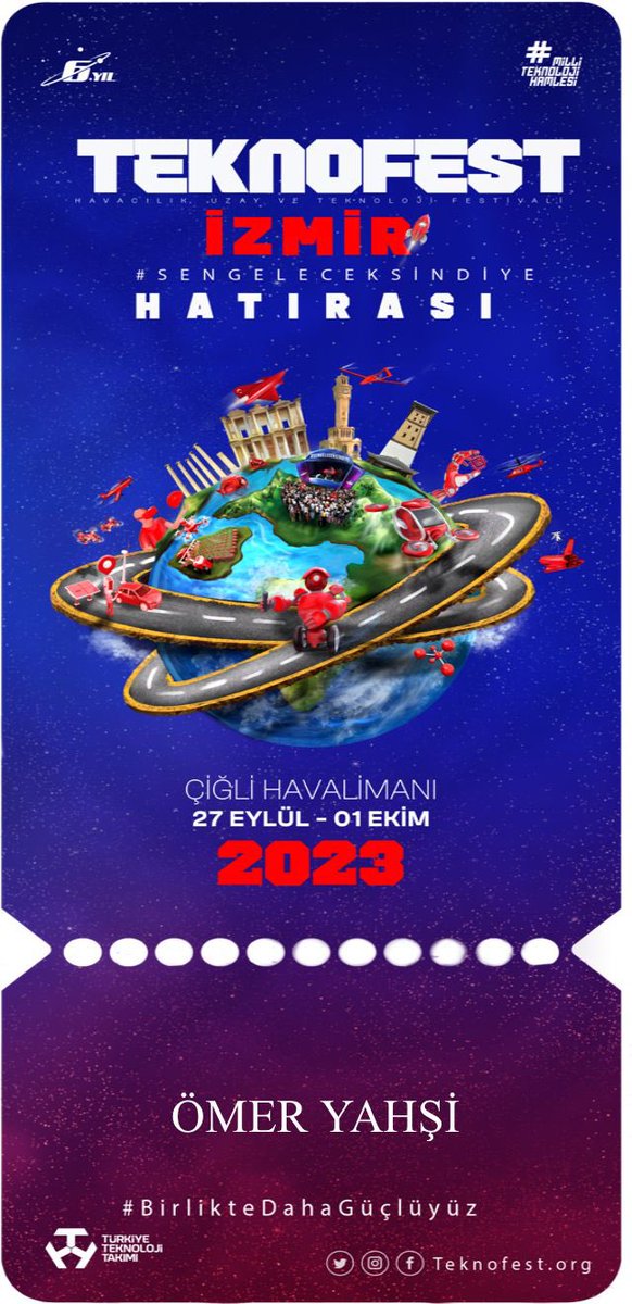Sevgili Gençler,
Kıymetli Velilerimiz,
27 Eylül-1 Ekim tarihleri arasında Çiğli Havalimanında gerçekleştirilecek olan TEKNOFEST İZMİR için ben yerimi ayırttım, siz de yerinizi ayırtmayı unutmayın.

Başvuru için;
t3kys.com/tr/teknofest/v…