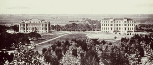 CalBearsHistory's tweet photo. 150 years ago, on September 24, 1873, the University of California held classes on its new campus in Berkeley for the first time, after four years in Oakland. @Cal students arrived for classes in the only two campus buildings: South Hall and the still unfinished North Hall. https://t.co/8G8cVqphti