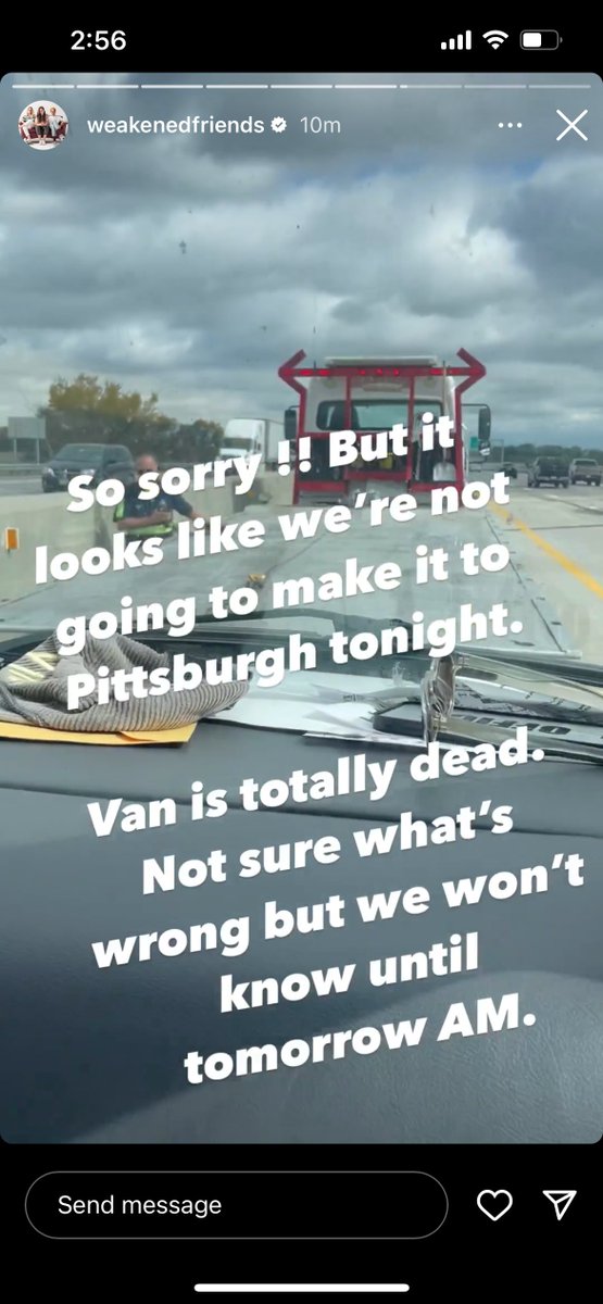 Unfortunately <a href="/wkndfriends/">Weakened Friends</a> van broke down so tonight's show is canceled 😔

Go buy some merch from them online: weakenedfriends.bandcamp.com/merch

If you already bought a ticket, Spirit will be handling refunds soon