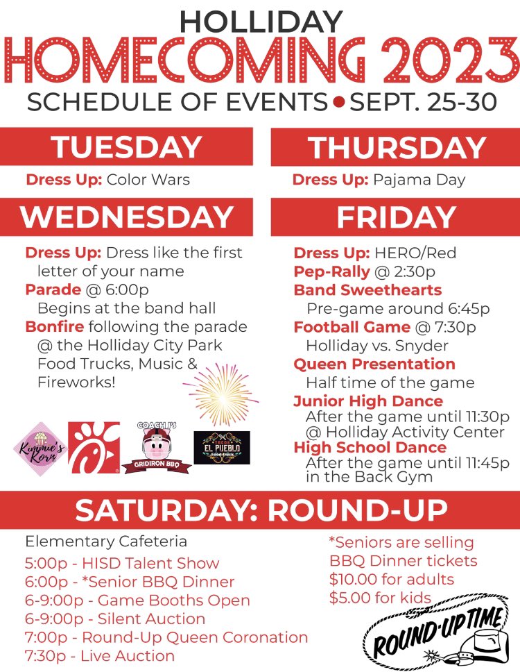 <a href="/HollidayISD/">Holliday ISD</a> HOMECOMING &amp; the 75th Anniversary of ROUND UP  activities &amp; events. 🔴HERO⚪️