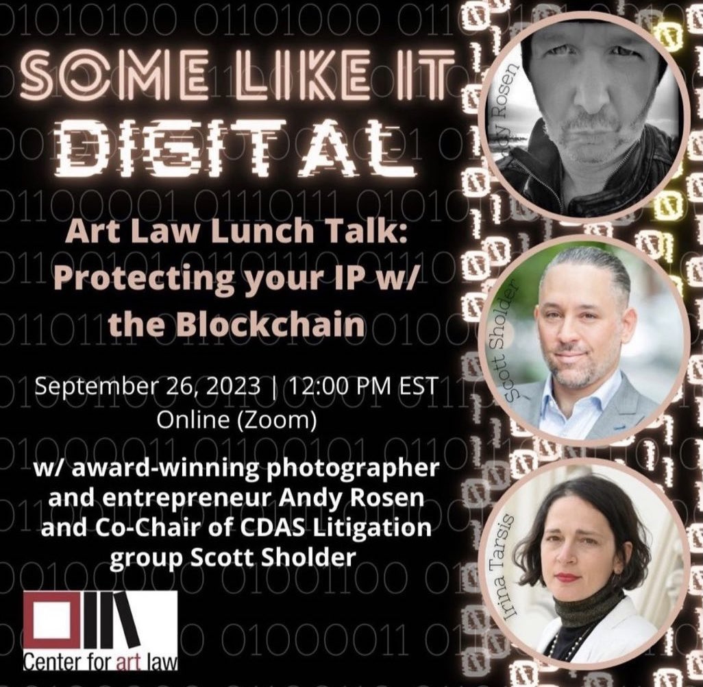 Need some art law lunch buddies?

Come join the Center for Art Law September 26 at 12pm est on Zoom to discover how to protect your IP with the blockchain.

This session will explore copyright law, issues of ownership, licensing, and limitations that copyright law can impose on