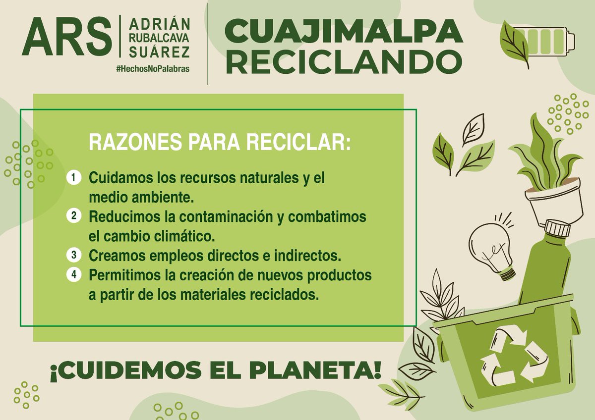 ¿Sabes de la importancia de implementar el reciclaje como parte de nuestra vida diaria? En #Cuajimalpa hemos impulsado diversas acciones en nuestra lucha contra el cambio climático. ¡Únete! ♻️🌱🌎