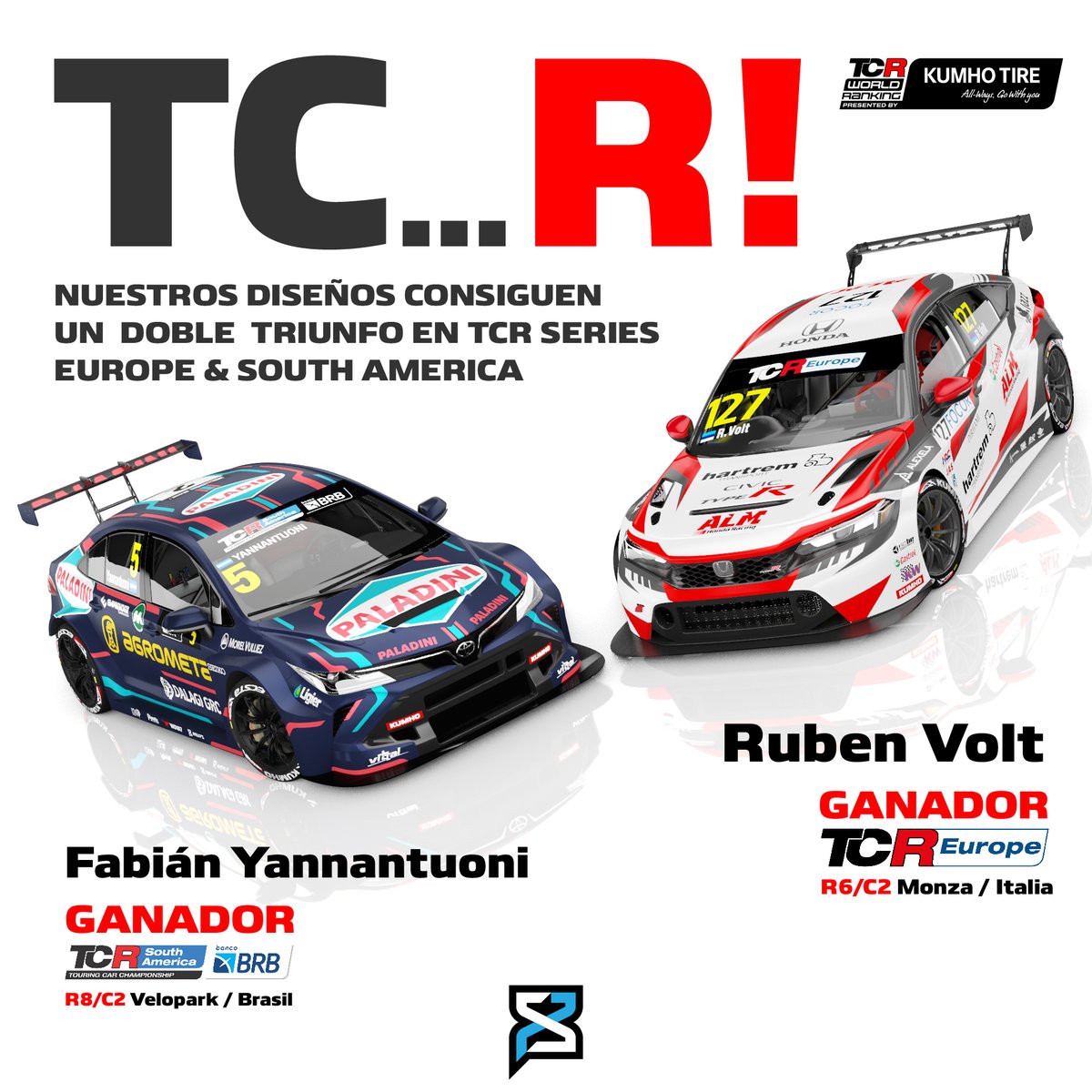 Tremendo fin de semana internacional para los diseños de area75!
Doble triunfo en el Kumho @TCR_Series de la mano de @FYannantuoni y @PaladiniRacing en el @tcrsouthamerica y de Ruben Volt y ALM Motorsport / @JASMotorsport en el #TCREurope.

@marcello_lotti