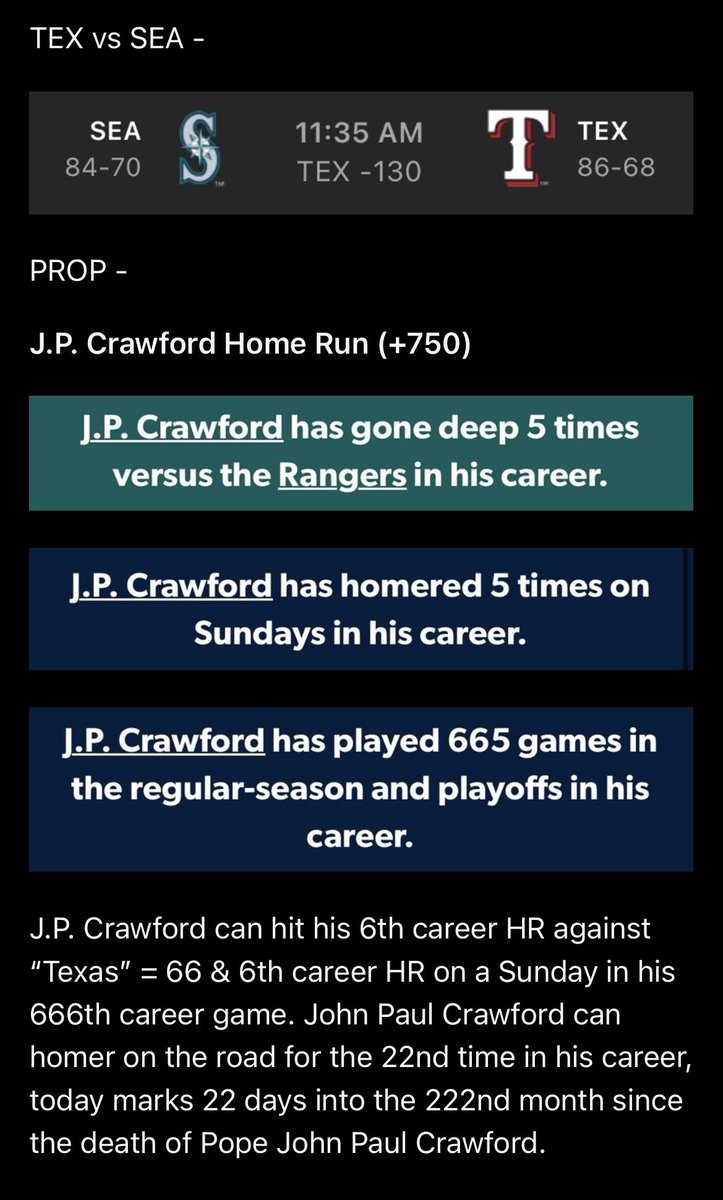 6ixlinks's tweet photo. JP Crawford homers for the 6th time vs Texas &amp; 6th time on a Sunday in his 666th game! 
#Gematria #Numerology #SeaUsRise https://t.co/8XTIbz9Ul6