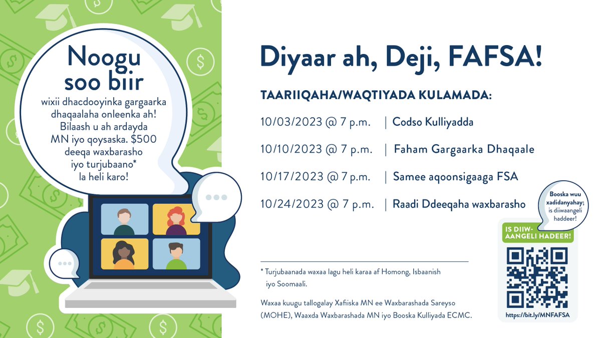 MnOfficeHiEd's tweet photo. Did you know? The #ReadySetFAFSA! webinar series will have simultaneous interpretation in Spanish, Somali and Hmong languages. MN high school students and families are invited to learn more about the FAFSA, MN Dream Act and college-going process together: https://t.co/rOSf0wDLao https://t.co/tDA1gJU9jX