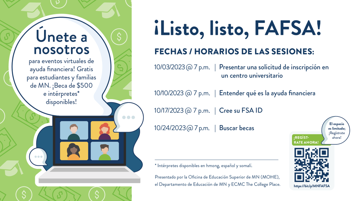 MnOfficeHiEd's tweet photo. Did you know? The #ReadySetFAFSA! webinar series will have simultaneous interpretation in Spanish, Somali and Hmong languages. MN high school students and families are invited to learn more about the FAFSA, MN Dream Act and college-going process together: https://t.co/rOSf0wDLao https://t.co/tDA1gJU9jX