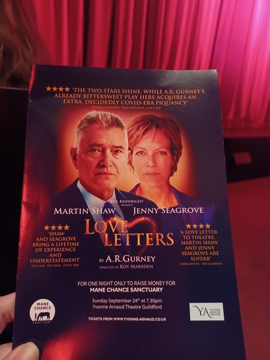 Enjoying an excellent production of Love Letters @YvonneArnaud starring Jenny Seagrove @springmeister and Martin Shaw in aid of a wonderful charity @manechance ❤️ 🐎 @Kmbrow