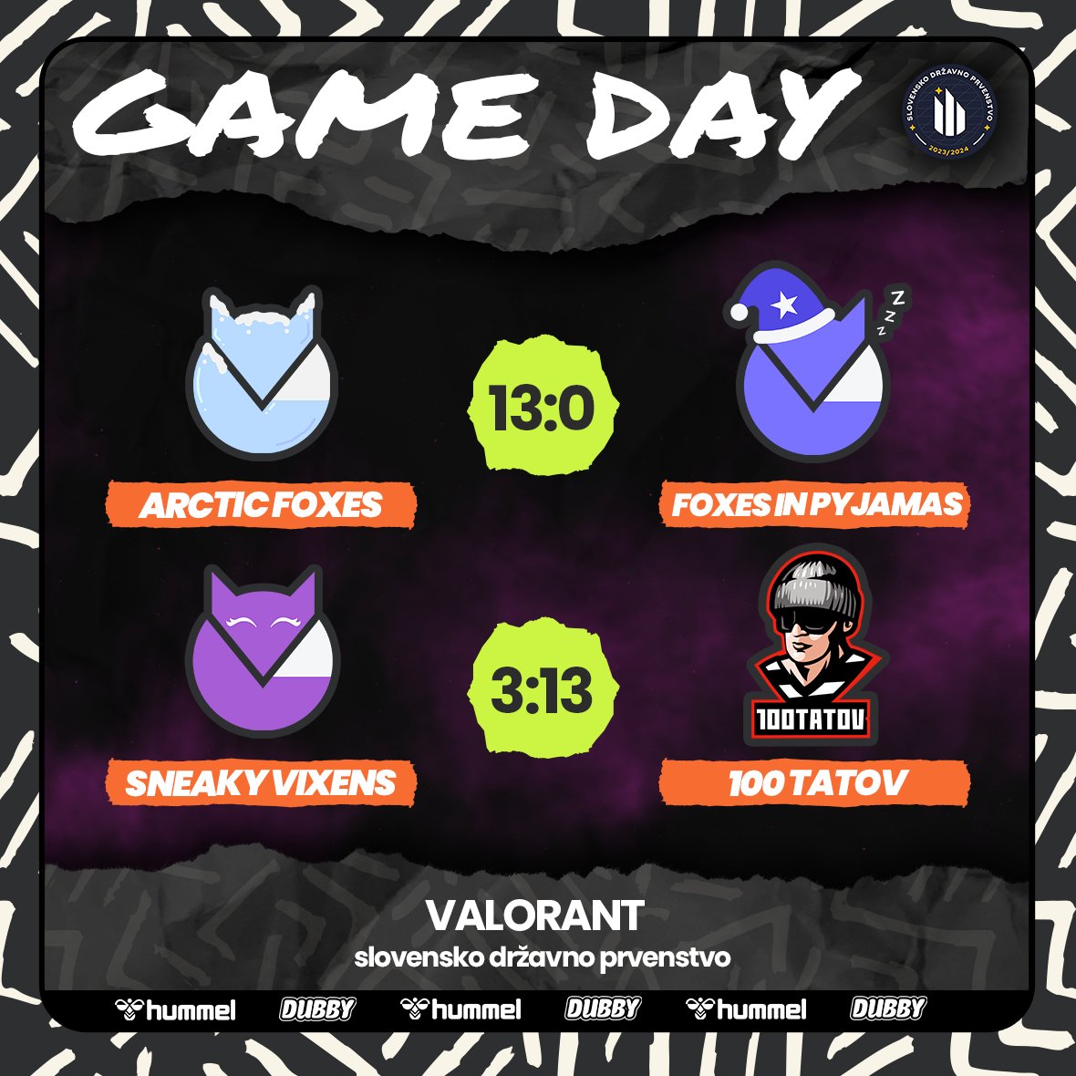 Our main team ended the weekend with a victory in the Slovenian nationals in Valorant. Great job everyone!🦊
Here are also the results of our other teams which also fought hard in today's round of the nationals. Keep it up!
<a href="/eszslovenije/">E-športna zveza Slovenije</a> 
Partnered with: hummel, <a href="/DubbyEnergy/">DUBBY®</a>