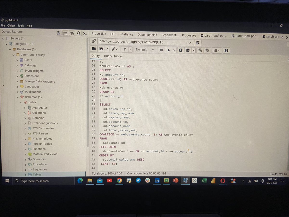 Abefe0's tweet photo. DAY 20 - ADVANCED SQL CHALLENGE
#20dayswithdata #hertechtrailacademy #HTTDatachallenge #AdvancedSQLchallenge #DataAnalytics
I created a query to find the top 50 performing sales representatives in terms of the total amount of sales for a given region. https://t.co/k8zx81smHf