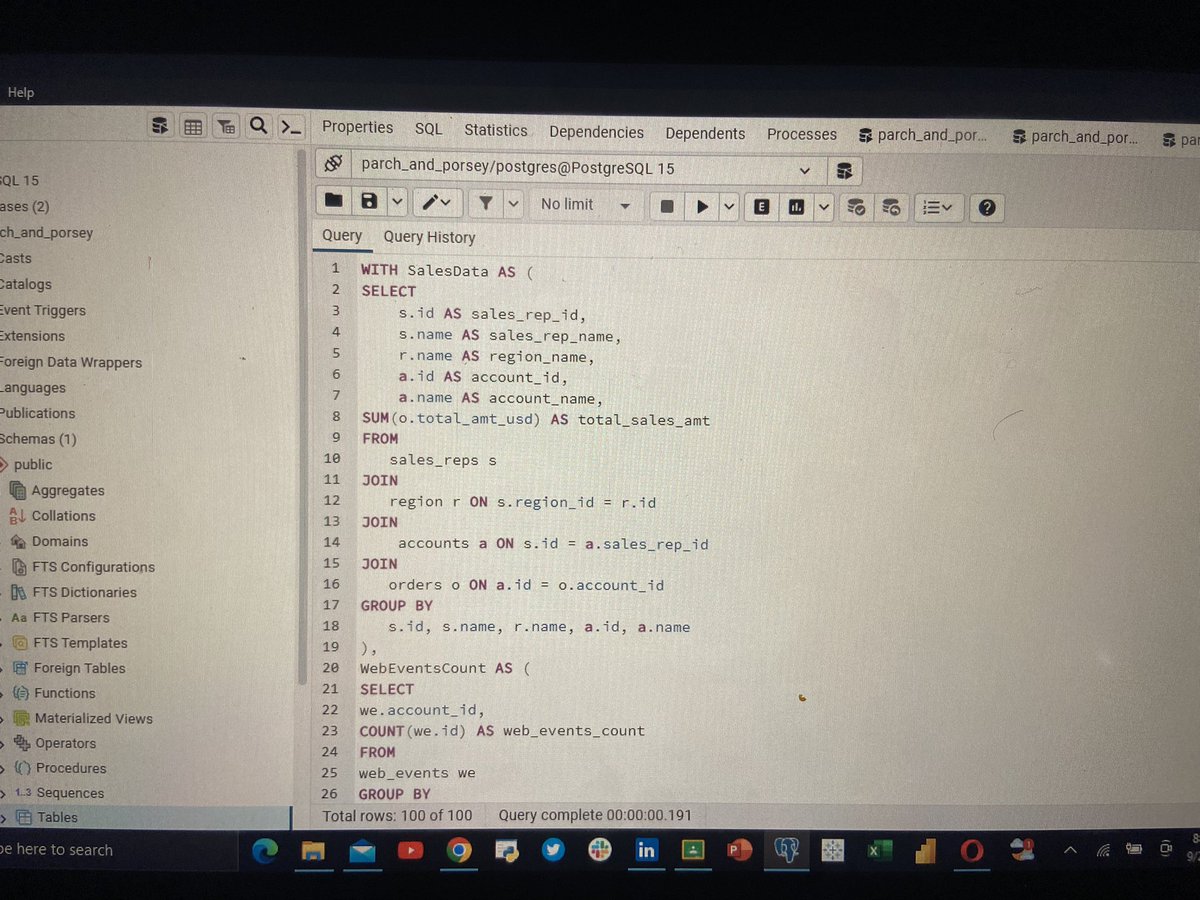 Abefe0's tweet photo. DAY 20 - ADVANCED SQL CHALLENGE
#20dayswithdata #hertechtrailacademy #HTTDatachallenge #AdvancedSQLchallenge #DataAnalytics
I created a query to find the top 50 performing sales representatives in terms of the total amount of sales for a given region. https://t.co/k8zx81smHf
