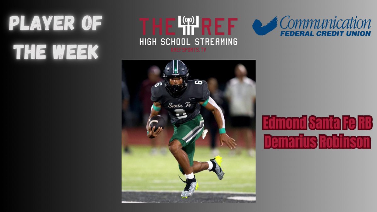 Player of the Week:

Edmond Santa Fe RB Demarius Robinson (<a href="/DemariusR1/">Demarius“Man Man”Robinson</a>)

It was a field day for Robinson Friday night:

20 carries
349 yards
6 TD’s
🐺🐺
<a href="/SFWolvesAthl/">Santa Fe Wolves Athletics</a>