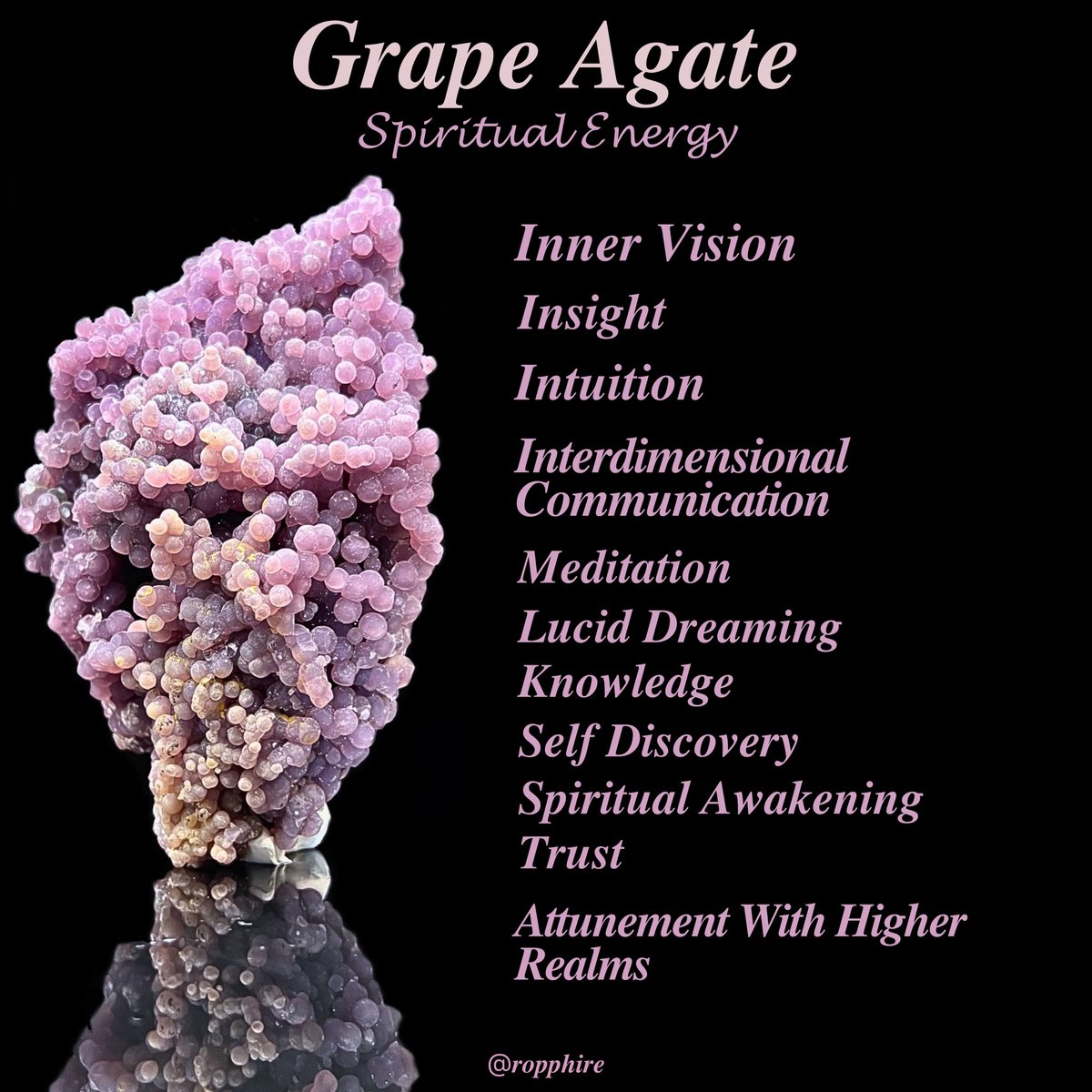 List of many of the metaphysical properties a grape agate has to offer
#ropphire #grapeagate #grapechalcedony #botryoidal #botryoidalagate #agatestones #chalcedonystone #purplechalcedony #naturalgemstones #gemstonelove #gemstoneseller #metaphysicalproperties #intuitiondevelopment