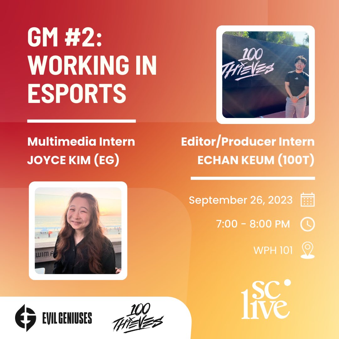 SCLiveClub's tweet photo. Ever wondered what it’s like working in Esports? 🤔⁉️

Come out this Tuesday to listen in to Joyce + Echan speak about their internship experiences being in Evil Geniuses + 100Thieves! 🤩

RSVP form on the LinkTree. Please fill that out! 

When: Sept 26, Tues, 7pm
Where: WPH 101 https://t.co/tCGV3ct9h2