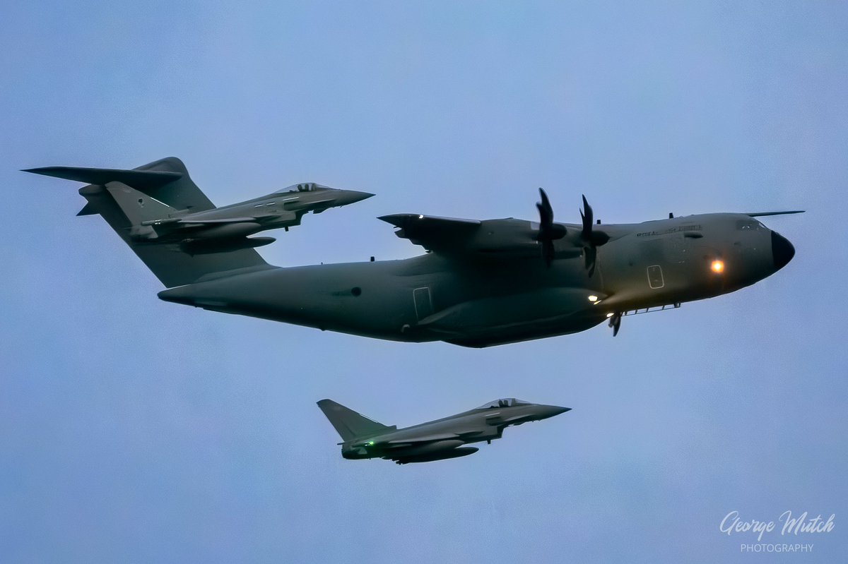 georgem10000's tweet photo. An RAF A400 escorted by two RAF Typhoons in the Edinburgh evening sky. https://t.co/22DEQdDyqZ
