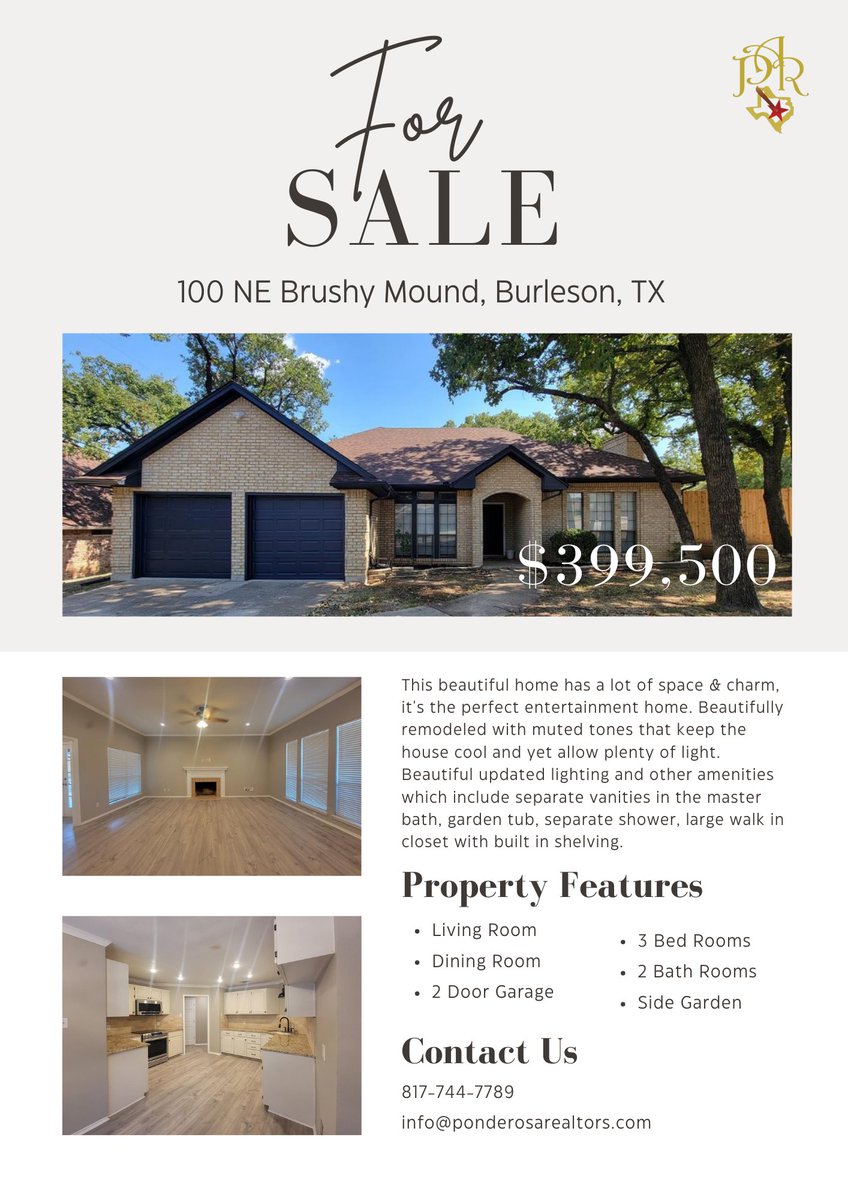 Beautiful home for Sale in Burleson Texas! 3 Bed/2 Bath/ 2 Car Fireplace, pristine remodel. $399,500. You got to see this in person! Call 817-744-7789 or DM for more info.

#texasrealestate #northtexas #dfw #forsale #singlefamilyhome #dfwrealtor