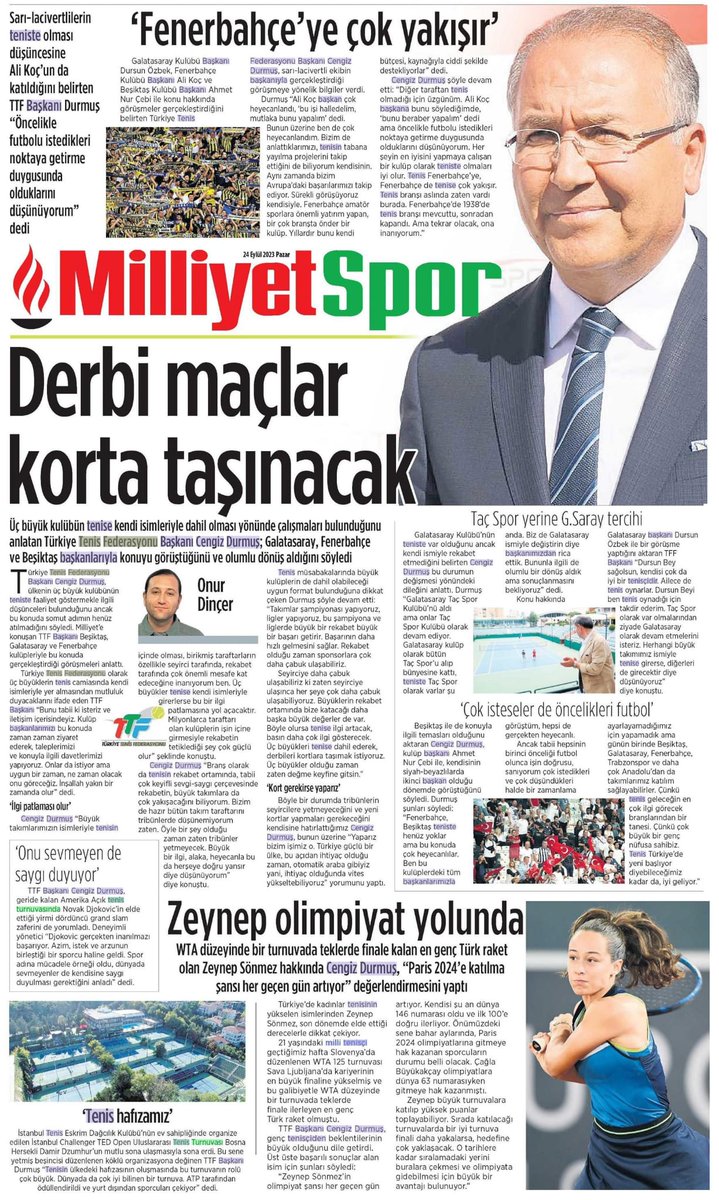 Üç büyük kulübün tenise kendi isimleriyle dahil olması yönünde çalışmaları bulunduğunu anlatan TTF Başkanı <a href="/TTFCengizdurmus/">Cengiz Durmuş</a>; Galatasaray, Fenerbahçe ve Beşiktaş başkanlarıyla konuyu görüştüğünü ve olumlu dönüş aldığını söyledi.

Detaylar 🔗 bitly.ws/VyU5