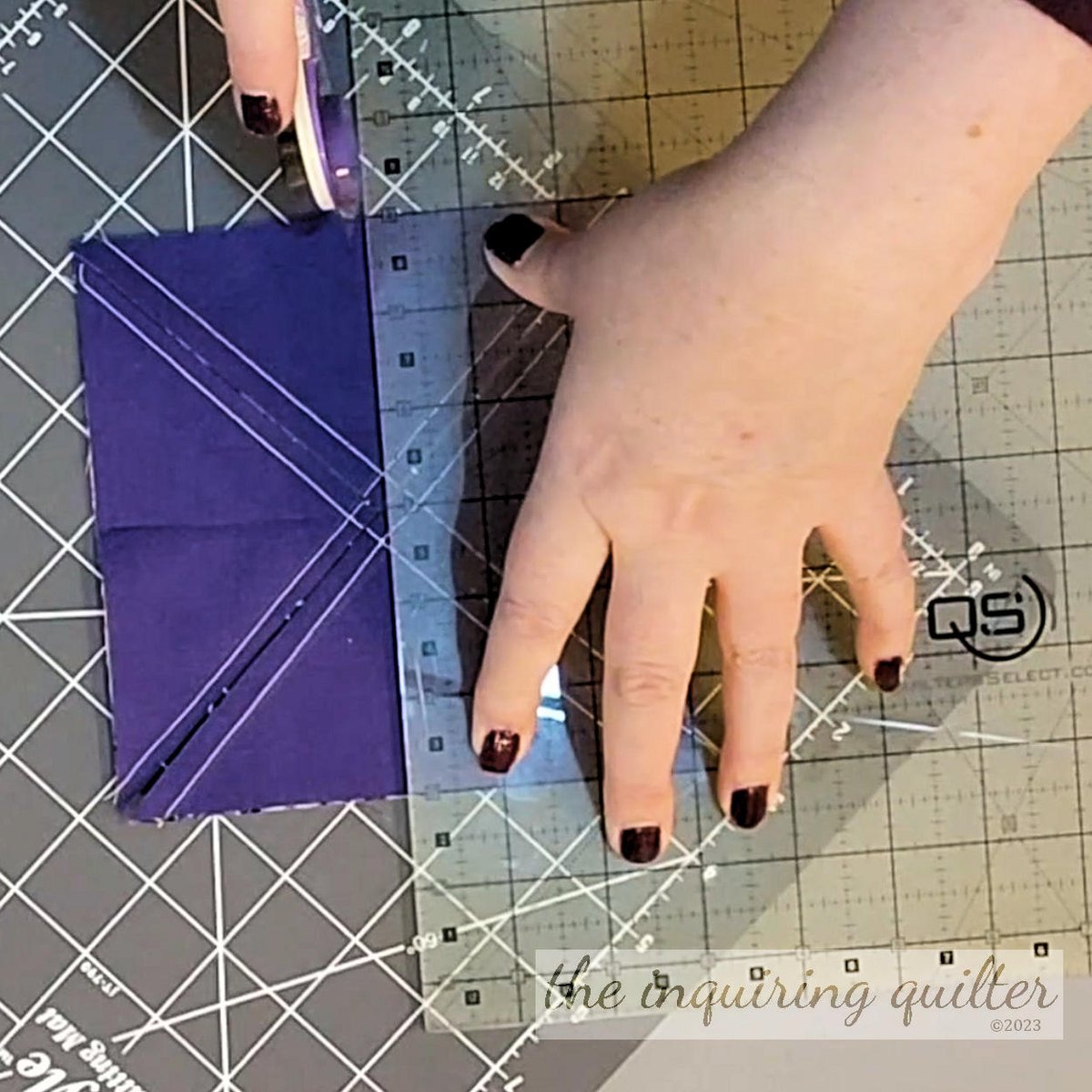 I love making HSTs eight at a time! Check out my YouTube channel for more. #inquiringquilter #intelligentquilting #youtubevideo #youtubetutorial #quiltingtutorial #quiltingtutorial #beginnerquilt #halfsquaretriangles #hstquilt #quiltingtools