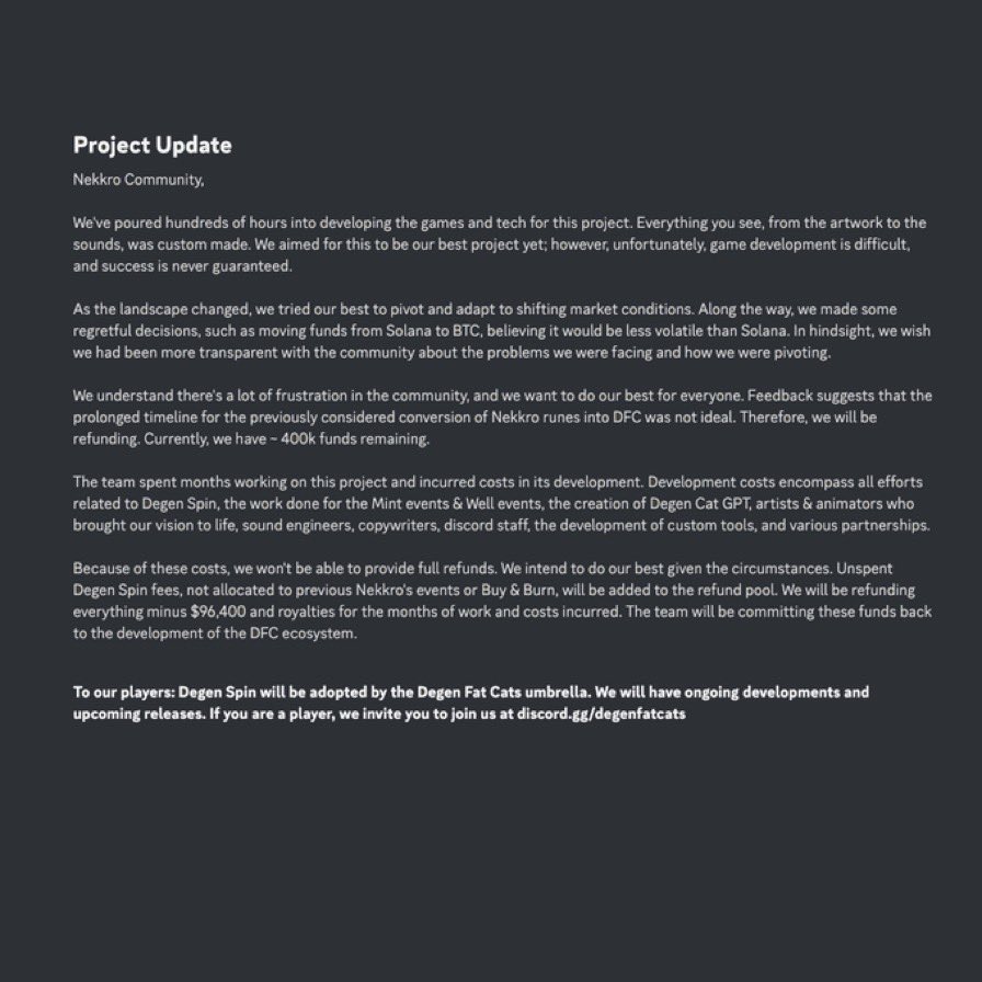 NEW: @NekkroNFT TO PROVIDE PARTIAL REFUNDS TO ITS NFT HOLDERS - ANNOUNCES THAT “DEGEN SPIN” PRODUCT WILL BE ADOPTED BY THE <a href="/degenfatcats/">Degen Fat Cats</a> UMBRELLA