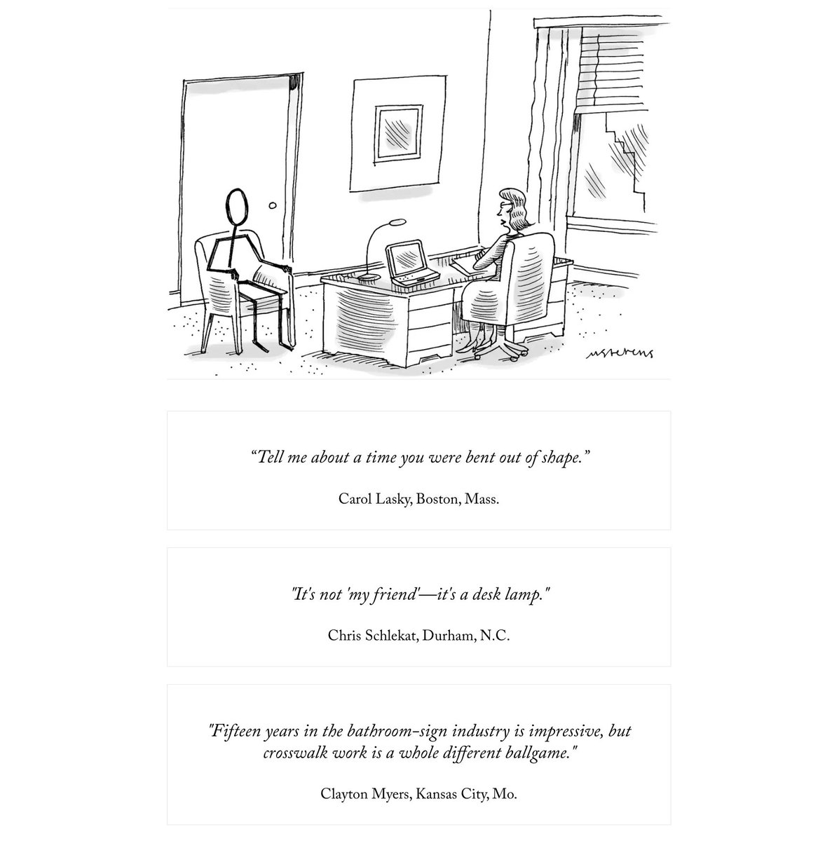 doc_nad's tweet photo. The envelope, please. And the winning caption is . . .
My Entry in The New Yorker Cartoon Caption Contest #863 https://t.co/23plU0QwL8 #MickStevens #StickFigure #Inverview #TheNewYorker #Cartoon #CaptionContest https://t.co/27pEm2oW17