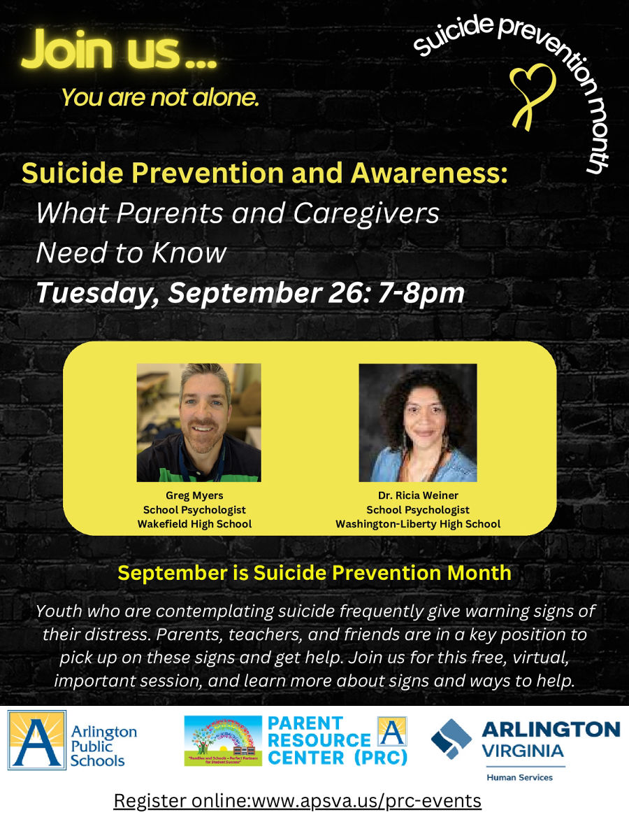 APS Office of Student Services (@aps_studentsrvc) on Twitter photo Join <a href="/APSVirginia/">Arlington Public Schools</a> <a href="/ArlingtonVA/">Arlington County</a> <a href="/APS_PRC/">ParentResourceCenter</a> for Suicide Prevention and Awareness: What Parents & Caregivers Need to Know on Tuesday, September 26 from 7-8 p.m. Register at forms.gle/JWuiimL9uPqgSN… #EveryAPSStudent Join <a href="/APSVirginia/">Arlington Public Schools</a> <a href="/ArlingtonVA/">Arlington County</a> <a href="/APS_PRC/">ParentResourceCenter</a> for Suicide Prevention and Awareness: What Parents & Caregivers Need to Know on Tuesday, September 26 from 7-8 p.m. Register at forms.gle/JWuiimL9uPqgSN… #EveryAPSStudent