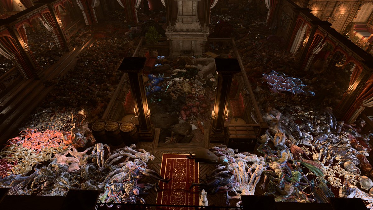 WithPirates's tweet photo. Some pics of when I setup 1327 bodies in the tavern room you can use as a camp. #BG3 #BaldursGate3 #BoxOBodies https://t.co/W2xFlZHAQh