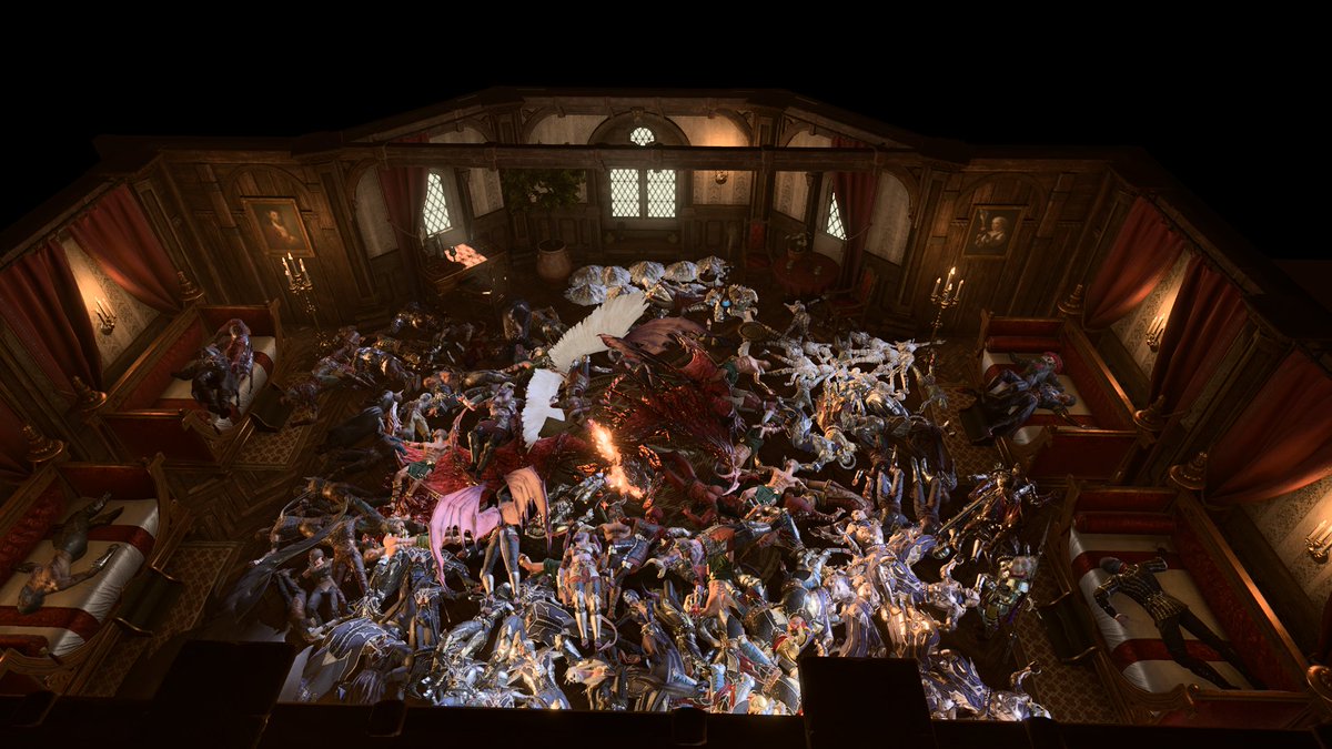 WithPirates's tweet photo. Some pics of when I setup 1327 bodies in the tavern room you can use as a camp. #BG3 #BaldursGate3 #BoxOBodies https://t.co/W2xFlZHAQh