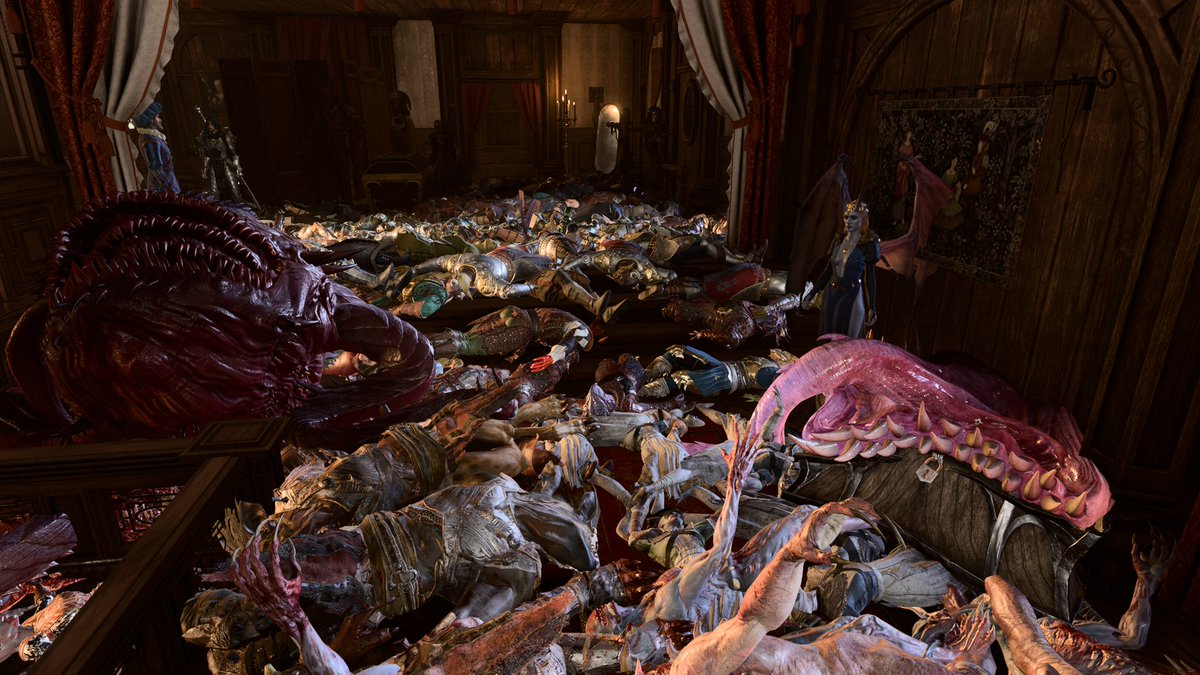 WithPirates's tweet photo. Some pics of when I setup 1327 bodies in the tavern room you can use as a camp. #BG3 #BaldursGate3 #BoxOBodies https://t.co/W2xFlZHAQh
