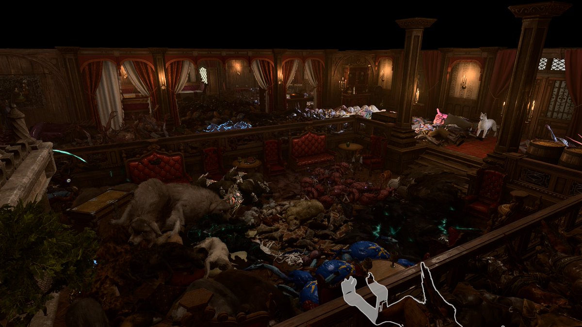 WithPirates's tweet photo. Some pics of when I setup 1327 bodies in the tavern room you can use as a camp. #BG3 #BaldursGate3 #BoxOBodies https://t.co/W2xFlZHAQh