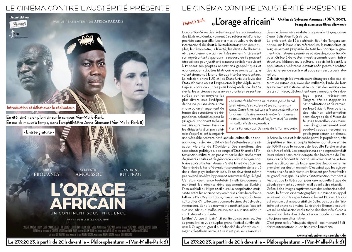 Cinéma contre l'austérité : "L'Orage africain", avec le réalisateur et acteur béninois Sylvestre Amoussou. Mer, 27.9.23, 20h <a href="/unihh/">Universität Hamburg</a>. Fiction sur la lutte dans les pays africains pour la nationalisation des ressources minières. Version OmU. Dépliant: kurzelinks.de/o3sz