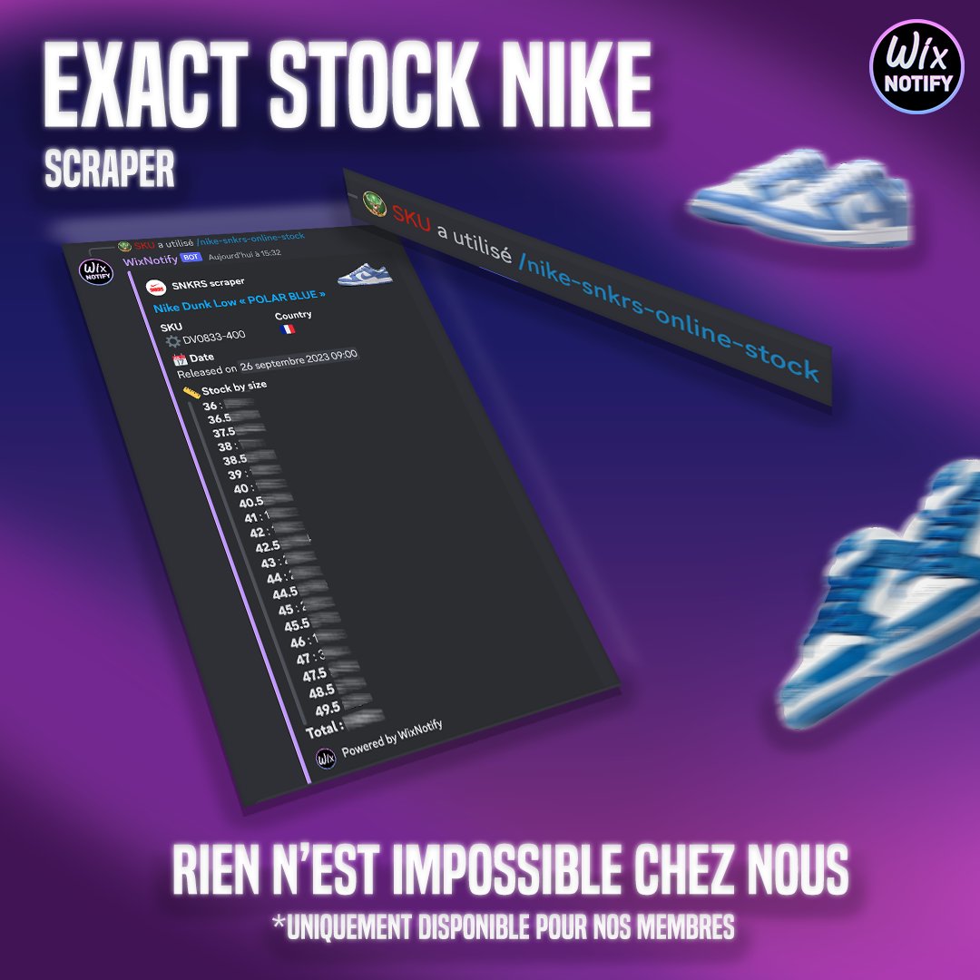 Désormais possible d'obtenir le stock exact en temps réel de toutes les paires !

Et le tout, en 1 seule commande 💪

Nous pouvons avoir maintenant les stocks des releases qui drop dans 2 mois par exemple, nos membres vont se régaler 😋

whop.com/marketplace/wi… 
🌟 3 FREE DAY