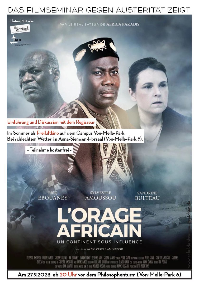 Kino gegen Austerität: „L'Orage africain“ (Sturm über #Afrika), Input + Diskussion mit beninischem Regisseur + Schauspieler Sylvestre Amoussou. Mi, 27.9.23, 20 Uhr <a href="/unihh/">Universität Hamburg</a>. Spielfilm über Kampf in afrik. Land zur Verstaatlichung d. Bodenschätze. OmU. Flyer: kurzelinks.de/ln25