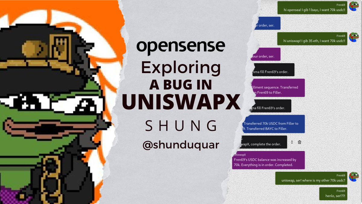 In this video, <a href="/shunduquar/">shung 🇵🇸</a> explains a critical bug he found in UniswapX. The bug could have allowed attackers to steal user funds by exploiting a design flaw in the balance check mechanism. He also discuss how the bug was fixed. 🫡
youtube.com/watch?v=s0tSBF…