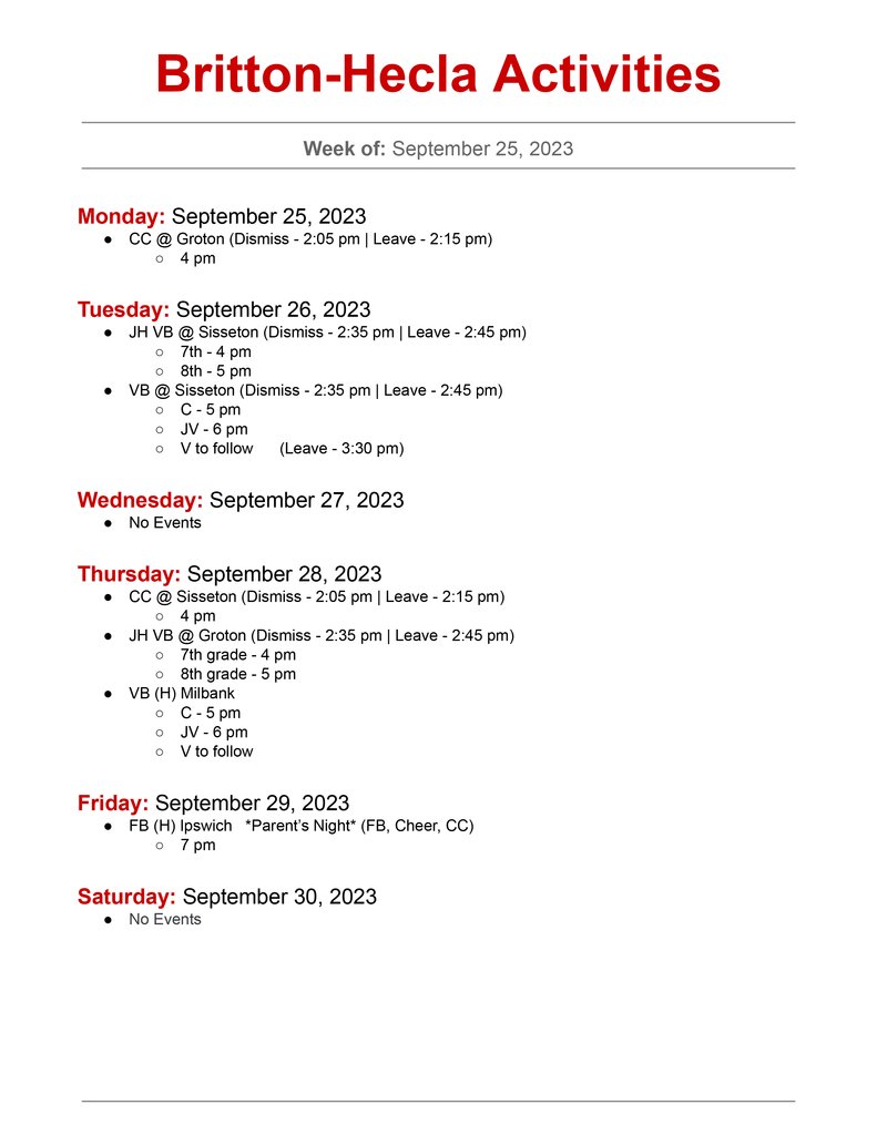 Here are the activities for this week for BHHS!
