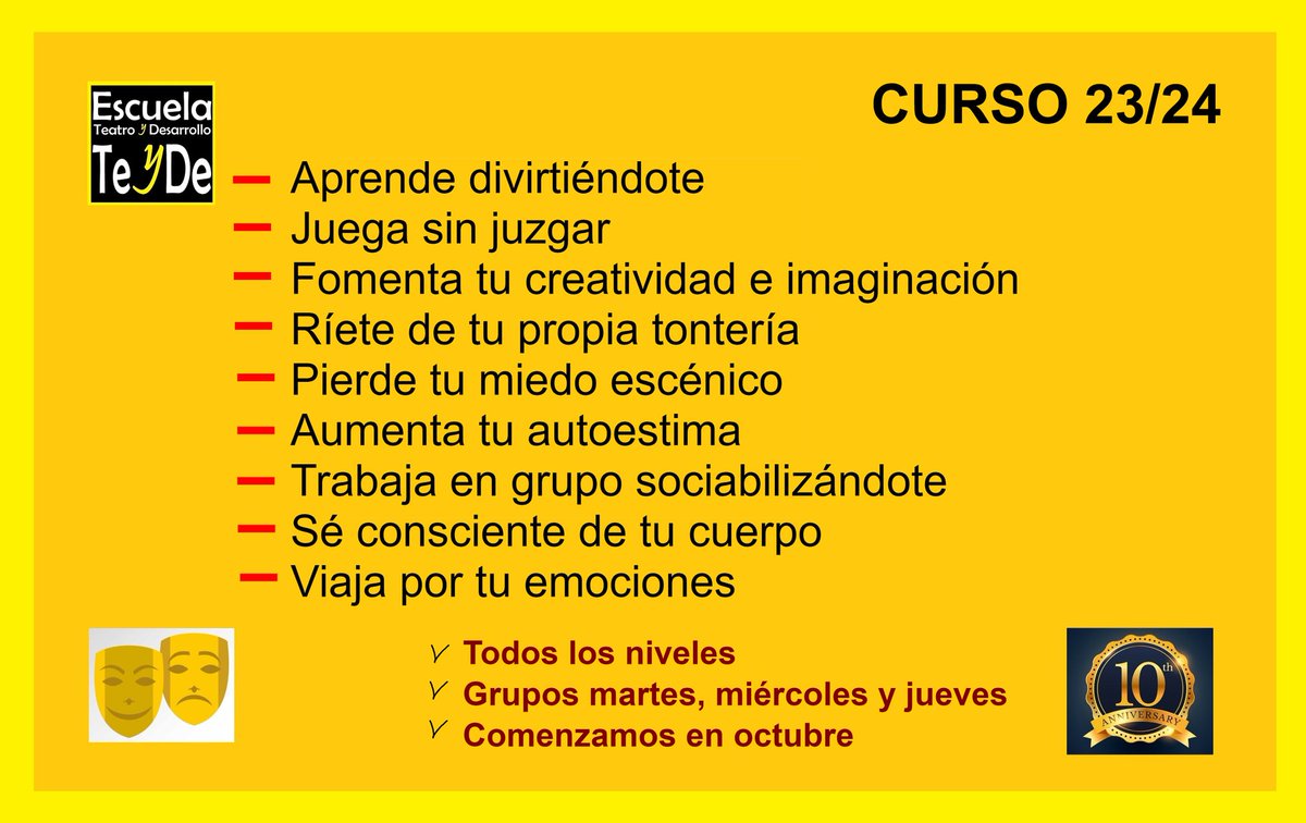 En octubre comenzamos un curso especial. Este año estamos de celebración ya que cumplimos 10 años 🎂🎉 
✅ Anímate a probar sin compromiso
✅ Sal de tu zona de confort
✅ Consúltamos
#Teatro 
#Improvisación
#Interpretación #Autoestima
#Creatividad 
#Imaginación
#Juego 
#Águilas