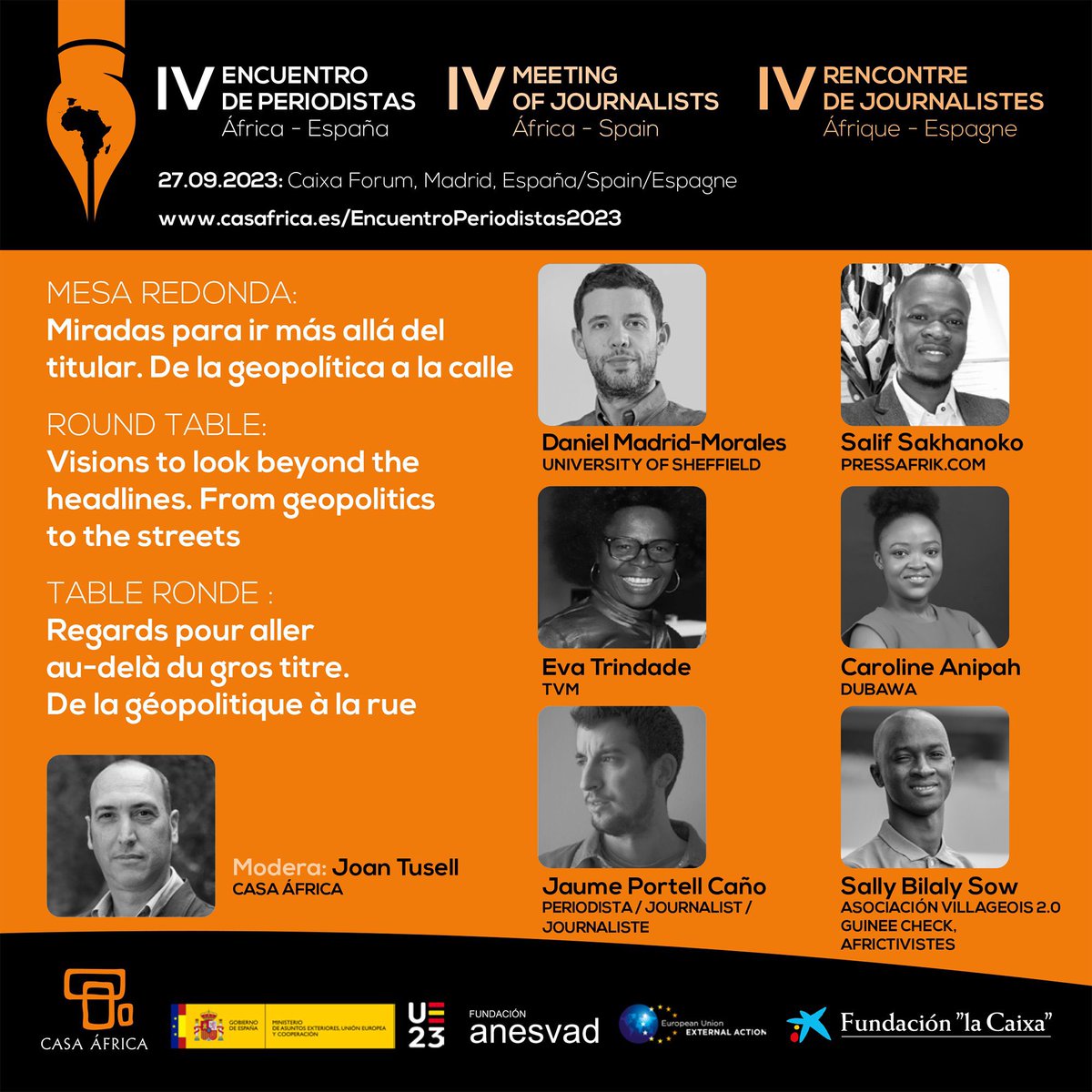 🟢 Notre directeur de publication <a href="/sbskalan/">Sally Bilaly SOW ™ 🇬🇳</a> participe à la “IV rencontre Afrique-Espagne” organisée par <a href="/Casaafrica/">Casa África</a>. Il co-animera la table ronde : “ Regards pour aller au-delà du gros titre. De la géopolitique à la rue”. 

L’intégralité du programme 👉 casafrica.es/es/EncuentroPe…