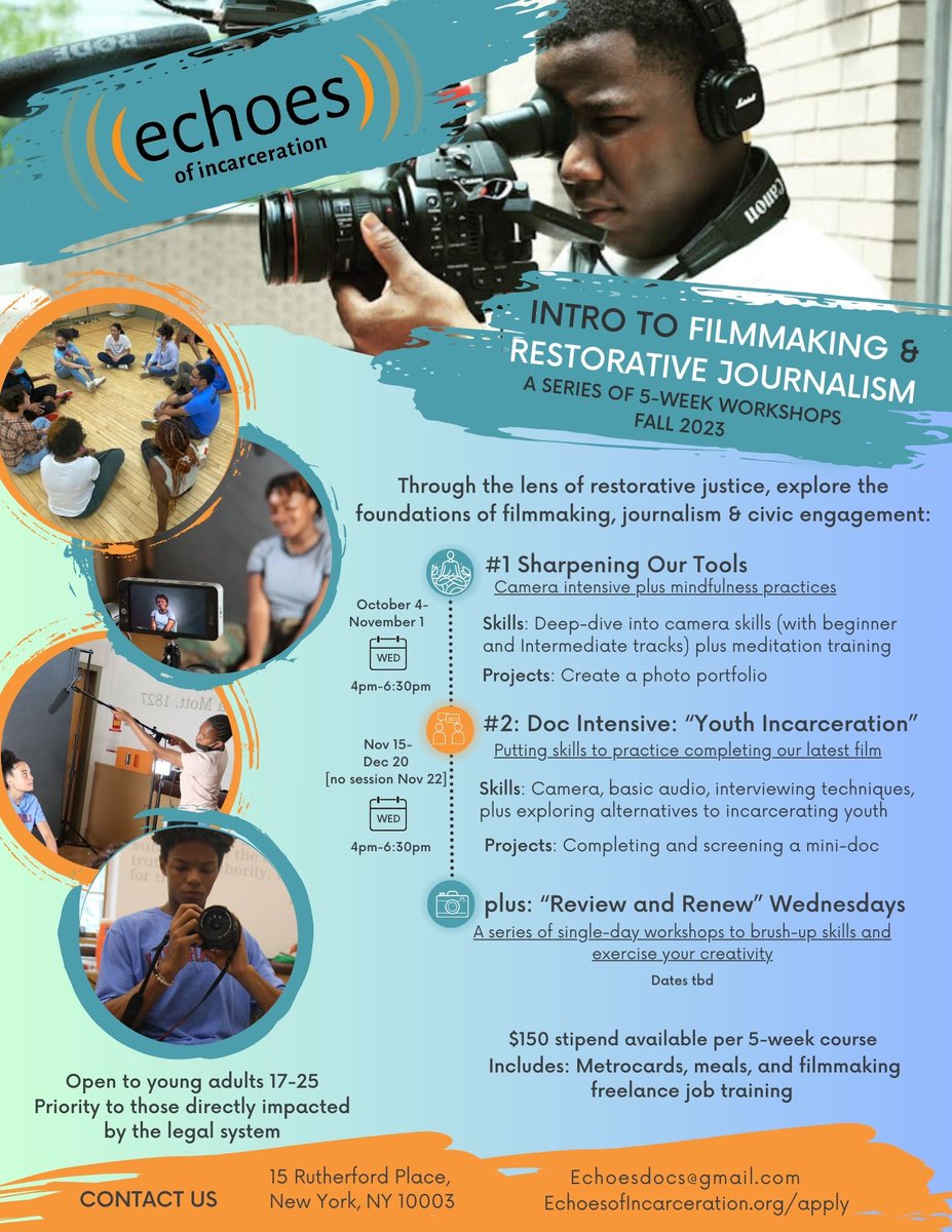 New fall Filmmaking and Restorative Journalism workshops announced for teens and young adults in NYC area. pls share!