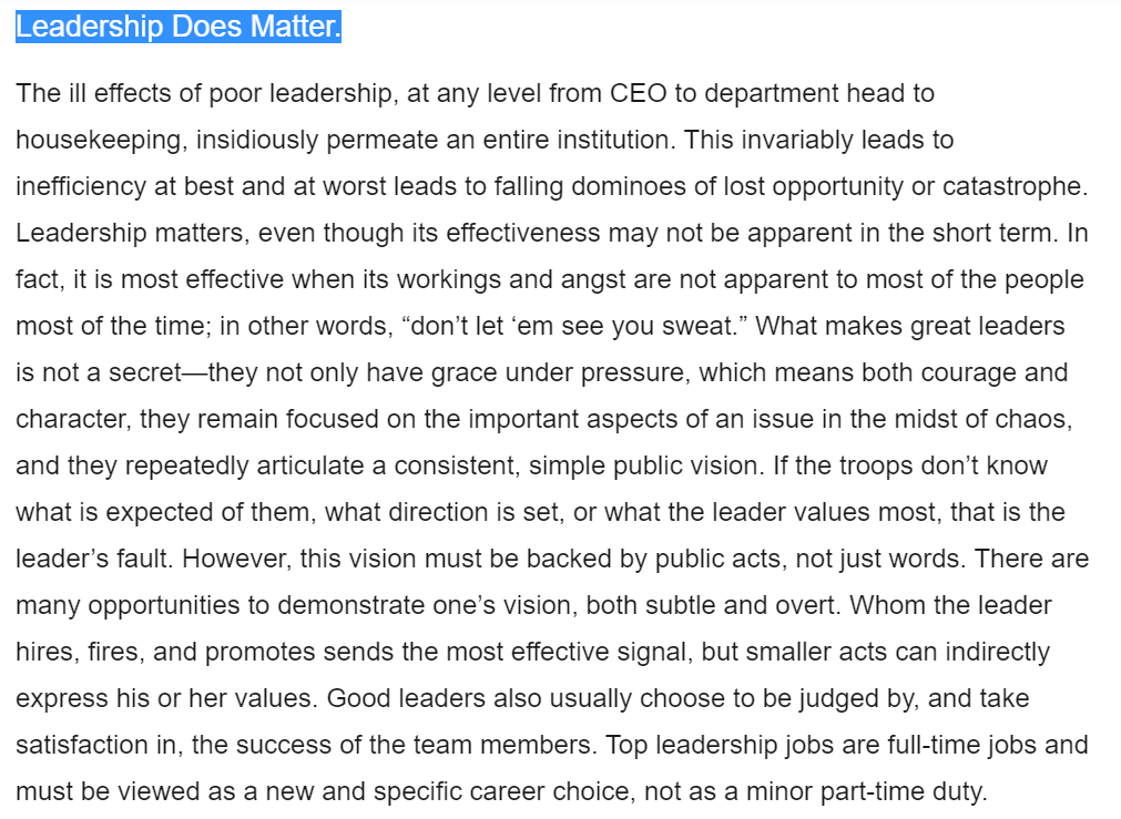 CALonghurst's tweet photo. Highlights of Simone's Maxims - a 🧵(6/16)

Leadership Does Matter

"The ill effects of poor leadership, at any level from CEO to department head to housekeeping, insidiously permeate an entire institution."

👉🏼https://t.co/ELnyYkfPdY https://t.co/kW1m6gPVe9