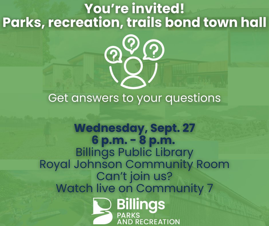 BillingsMT's tweet photo. Do you have questions about the parks, recreation, and trails bond? We have answers!
We hope to see you at one of several upcoming events where you can ask your questions in person, and get answers from a panel of City officials. 
Details here - https://t.co/o7lIcH7Xq6 https://t.co/B3VMabpII3
