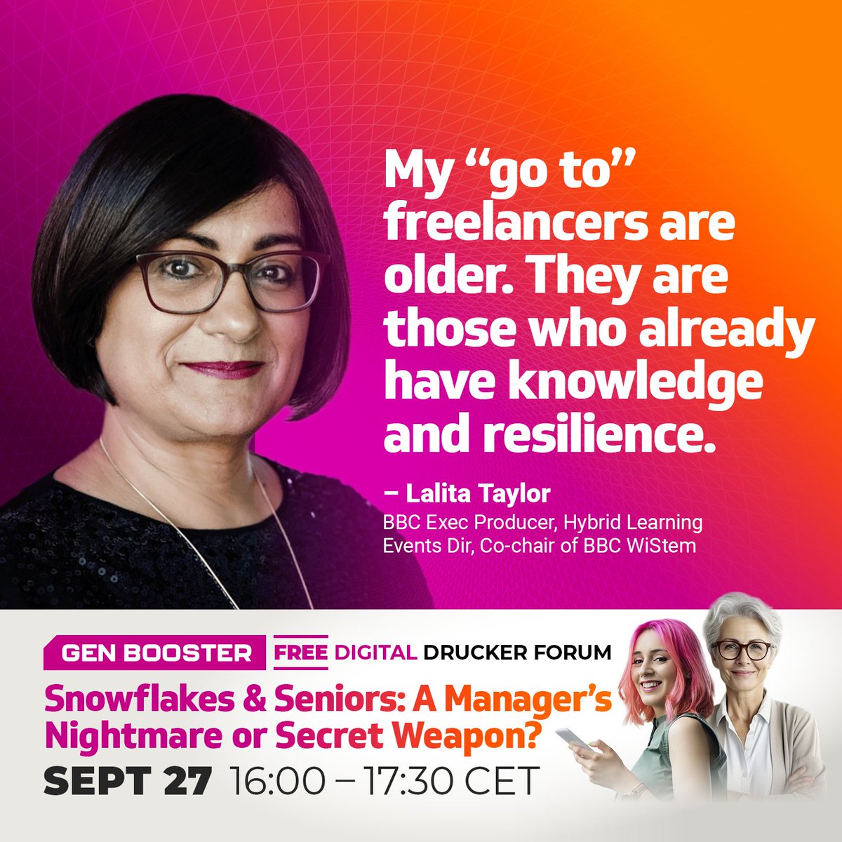 druckerchlng's tweet photo. Lalita Taylor will be speaking at our second Digital Booster, "Seniors &amp; Snowflakes" about what different generations bring to the workforce. 

#multigeneration #GenZ #snowflakes

Register now!
https://t.co/rrwFlkZs7f https://t.co/B8bkYUZx4W