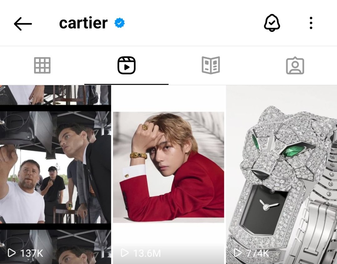 Taehyung's #PanthèredeCartier reel is the most viewed reel on Cartier IG account with 13.6M views and 3.4M likes (posted only 2 days ago).

#TaehyungxCartier