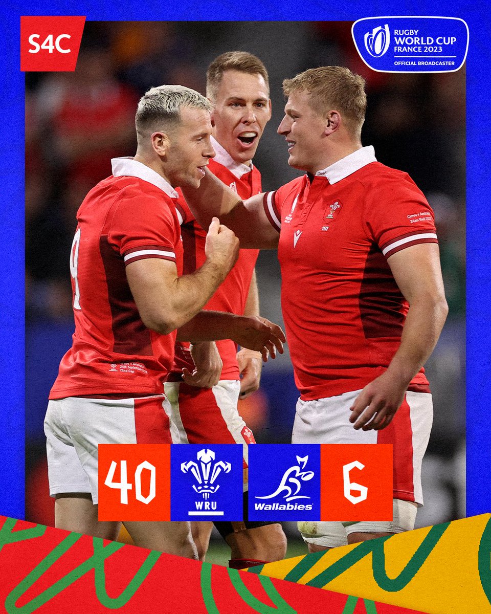 SGÔR TERFYNOL | FINAL SCORE

ANHYGOEL GAN GYMRU! 🏉 

Cymru trwyddo i rownd y chwarteri! 🙌 

Start booking your trips to Marseille! We're through to the quarters! 🤩

🏴󠁧󠁢󠁷󠁬󠁳󠁿 - 🇦🇺 

#WALvAUS | #RWC2023