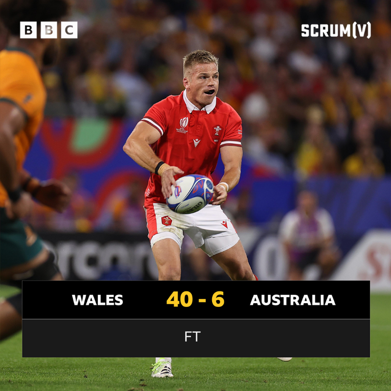 BBCScrumV's tweet photo. Wales have booked their spot in the quarter final! 🤩

🏴󠁧󠁢󠁷󠁬󠁳󠁿 Wales 40-6 Australia 🇦🇺 

📻 Tune in LIVE on @BBCRadioWales

Follow on the @BBCSport website &amp; app ⤵️

#BBCRugby | #RWC2023