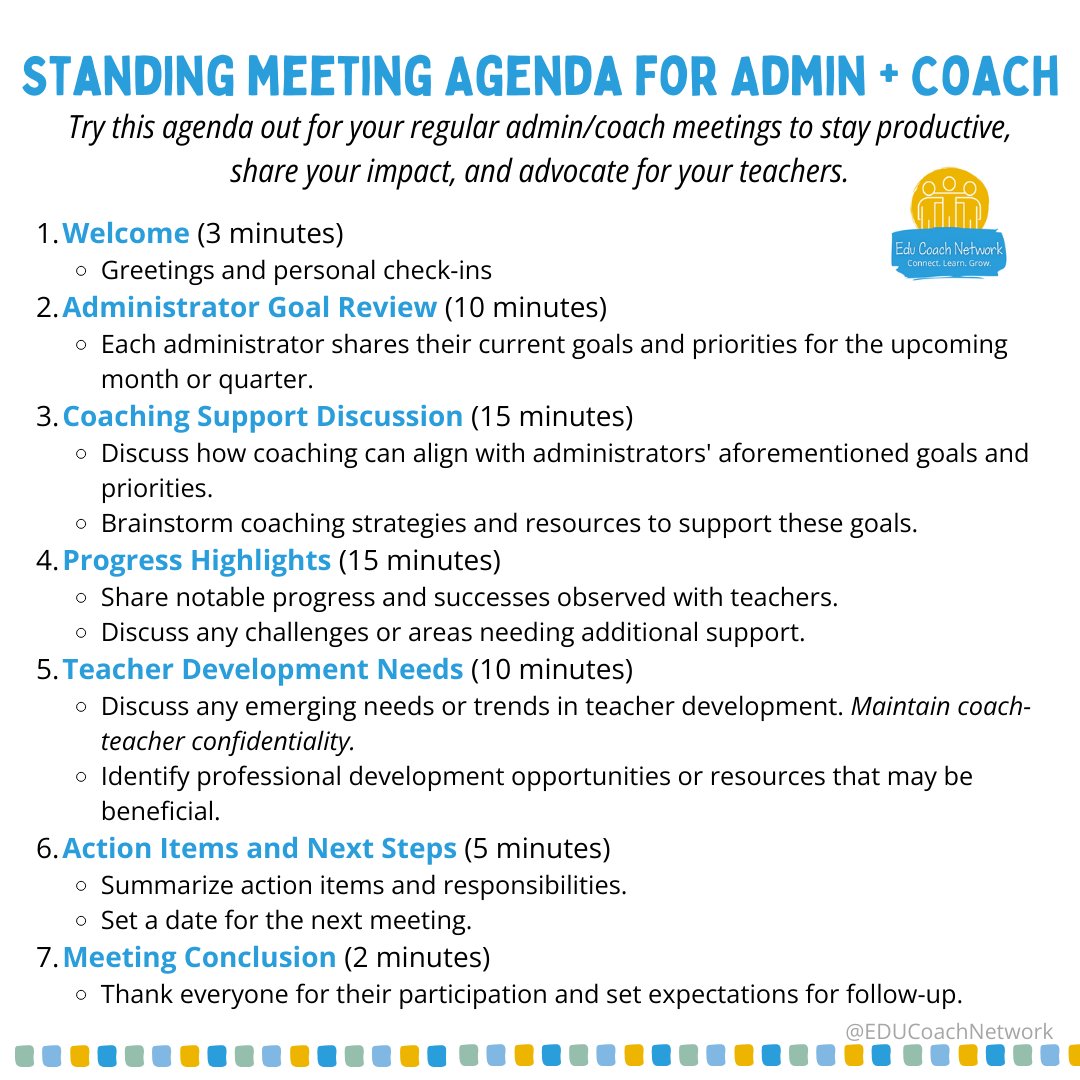 Do you have regular meetings with your administrators and coaches? Do you have a standing agenda? If not, give this one from @educoachnetwork a try 👇👇👇

#educoach #teachertwitter